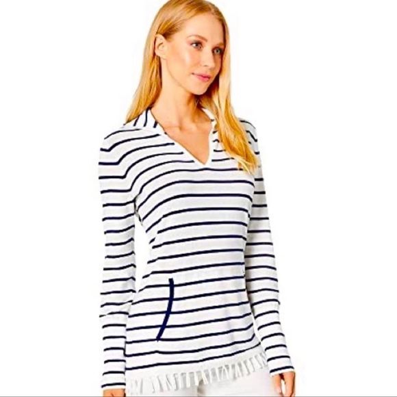 Lilly Pulitzer White/Navy Striped Crestwood V-Neck Pullover Sweater w/Coolmax XS - Picture 2 of 16